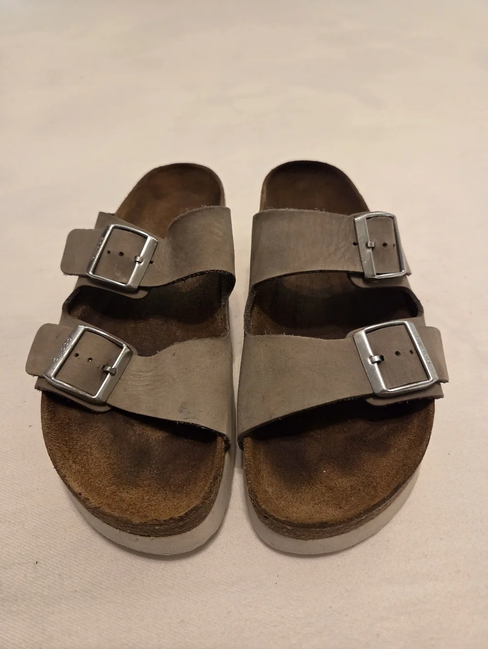 PAPILLIO By‎ BIRKENSTOCK Arizona Grey/Green Leather Two Strap Platform Sandal 40